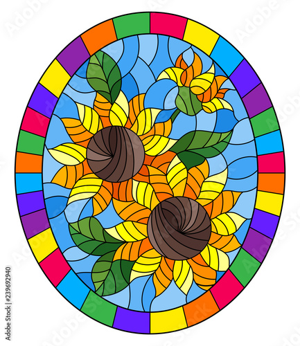Fototapeta Naklejka Na Ścianę i Meble -  Illustration in stained glass style flower of sunflowers on a blue background in a bright frame,oval  image