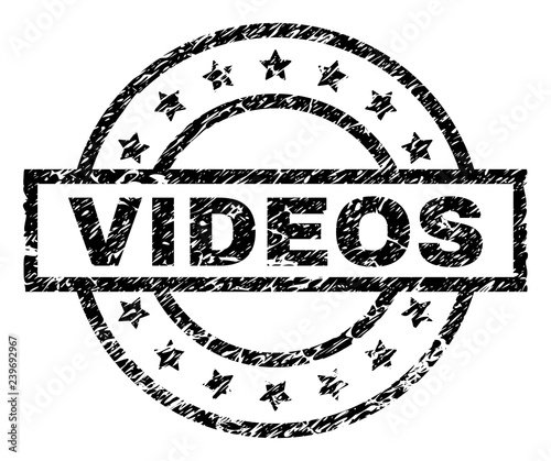 VIDEOS stamp seal watermark with distress style. Designed with rectangle, circles and stars. Black vector rubber print of VIDEOS text with dust texture.