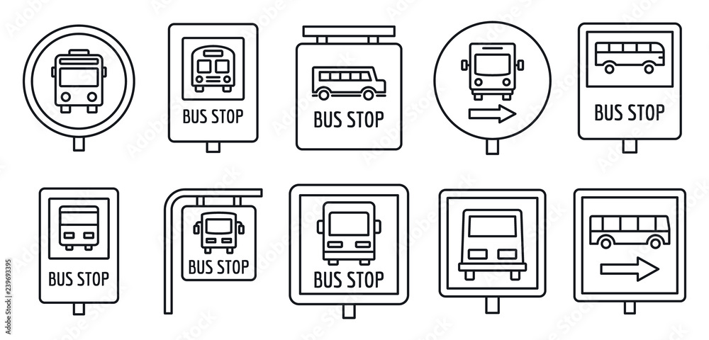 City bus stop sign icon set. Outline set of city bus stop sign vector ...