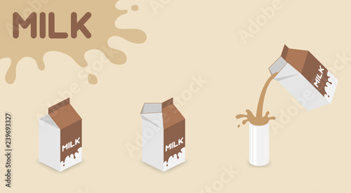 Milk box UHT (ultra-high temperature-treated milk) favor chocolate brown color, Pouring Milk in the glass  and MILK text splash on brown background with copy space