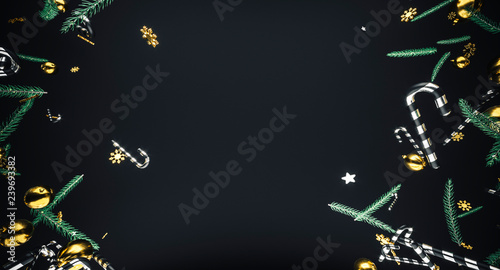 Merry Christmas and happy new year. Background with gift box. 3d illustration. Xmas decoration elements. 