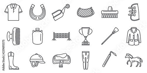 Horseback riding gear icon set. Outline set of horseback riding gear vector icons for web design isolated on white background