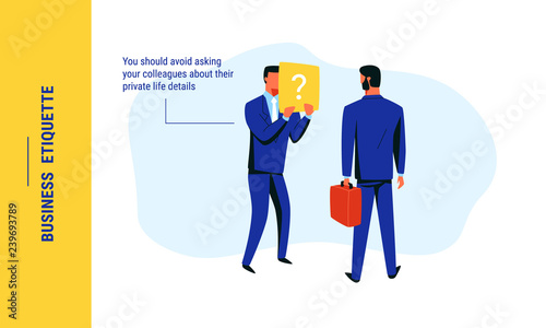 Business man confused by irrelevant question about private life from his colleague. Avoid asking unwanted questions during informal communication at work. Business etiquette rules vector illustration.