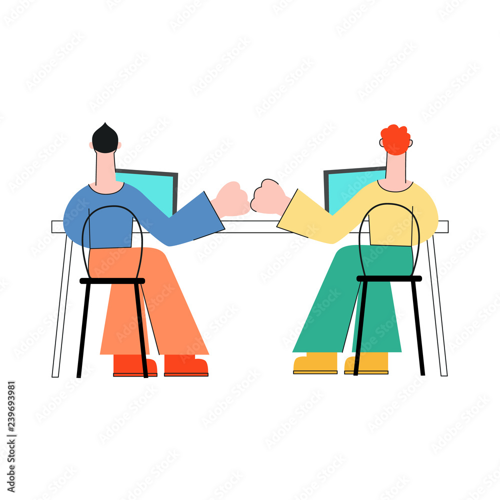 Coworking communication vector illustration with two men sitting with back working with laptops and bumping fists in flat style isolated on white background - male characters in convenient workplace.