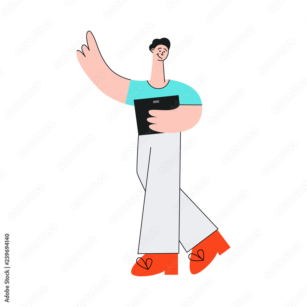 Fototapeta premium Vector illustration of man walking with laptop and showing index finger up gesture in flat style isolated on white background. Young male character pointing somewhere or having idea.