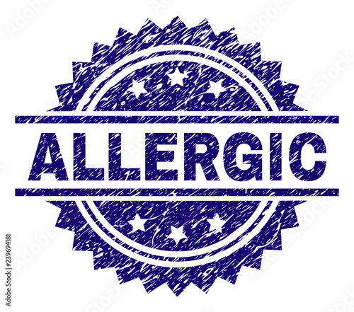 ALLERGIC stamp seal watermark with distress style. Blue vector rubber print of ALLERGIC tag with unclean texture.