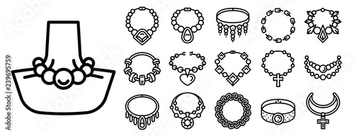 Necklace icon set. Outline set of necklace vector icons for web design isolated on white background