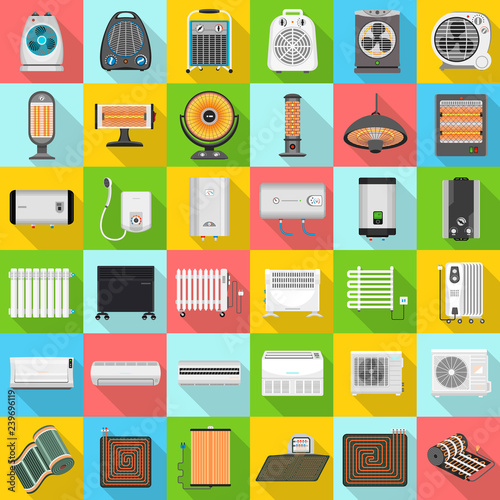Electric heater icon set. Flat set of electric heater vector icons for web design