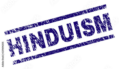 HINDUISM seal print with distress style. Blue vector rubber print of HINDUISM tag with unclean texture. Text title is placed between parallel lines.