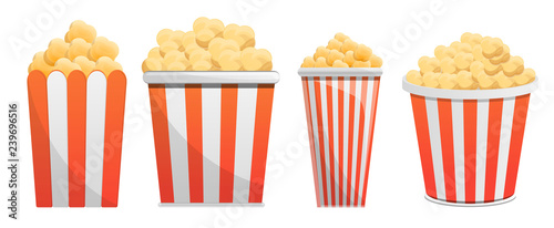Popcorn icon set. Cartoon set of popcorn vector icons for web design