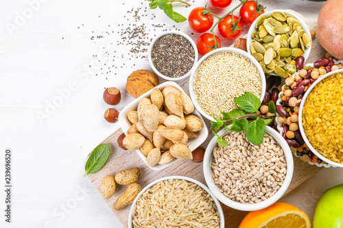 Selection of good carbohydrates sources - vegetables, fruits, grains, legumes, nuts and seeds. Healthy vegan diet