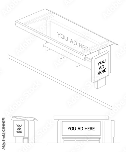 Bus stop blank advertising billboard 3d top perspective, front and side view  black and white color isolated on white background