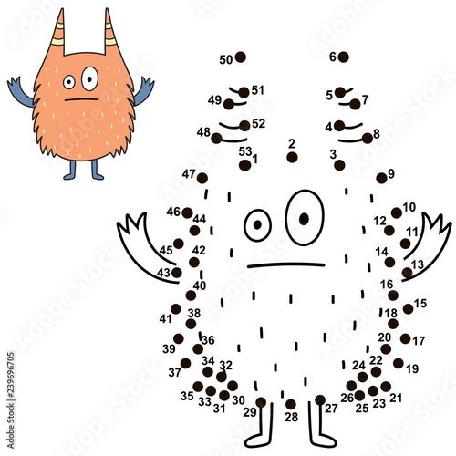 Connect the dots and draw a funny monster. Numbers game for children. Great for Halloween activities. Vector illustration