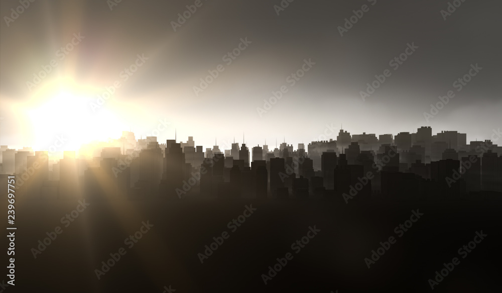 Fototapeta premium Silhouette cityscape background with sun shine. Black buildings with smoke. 3D Rendering Illustration.