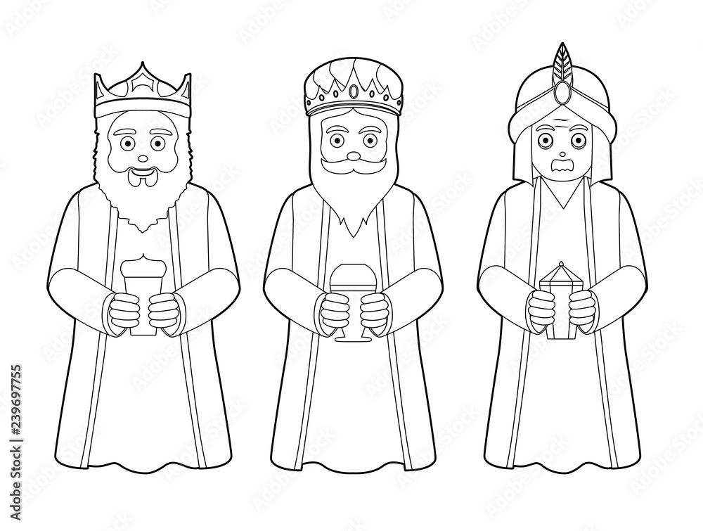 Three Wise Men Black and White Cartoon Characters Illustration vector