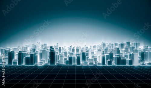 Abstract Futuristic city scape With Neon Glowing Light White Color on blue. Hi-Tech Dark building background concept with line. 3D Rendering Illustration