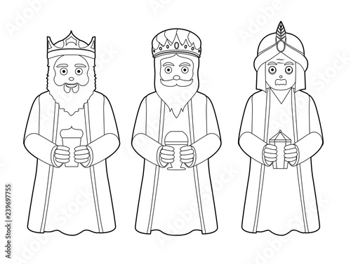 Three Wise Men Black and White Cartoon Characters Illustration