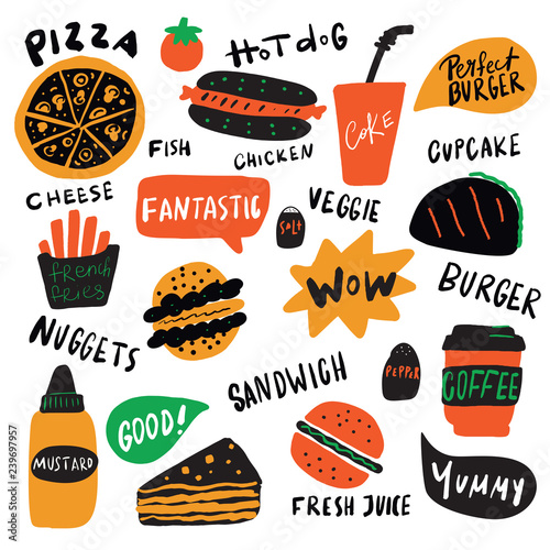 Funny illustration of different fast food elements with hand drawn lettering. Vector design.