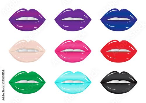 Bright glamorous glossy lips different colors. Sweet sexy pop art. Shining gloss lipstick, white teeth. Vector illustration of sexy woman's lips with different matte lipstick tones. 
