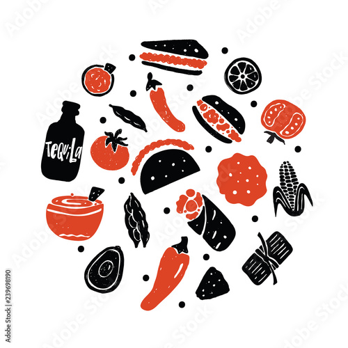 Mexican street food. Illustration of different mexican food in circle. Vector.