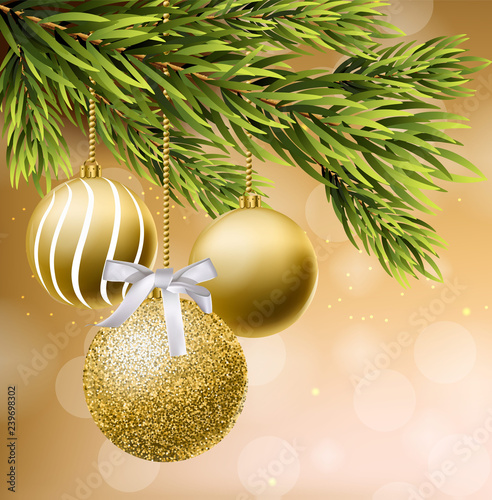 Golden glitter Christmas balls Vector realistic. Shiny baubles on a Christmas...