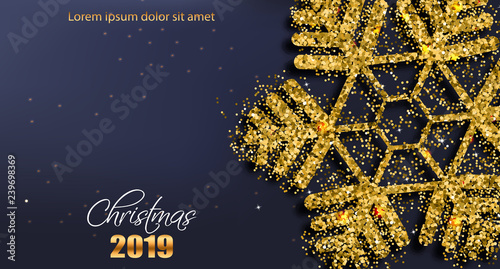 Merry CHristmas snowflake in golden glitter Vector. Realistic 3d banner. Wint...