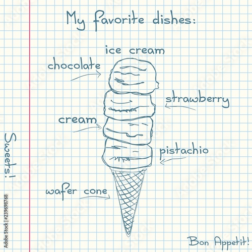 Vector of sketch fast food. Doodle food icons. Hand drawn illustrations on a sheet of exercise book.