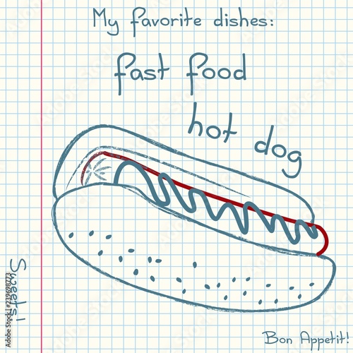 Vector of sketch fast food. Doodle food icons. Hand drawn illustrations on a sheet of exercise book. Blue pen drawing with red details
