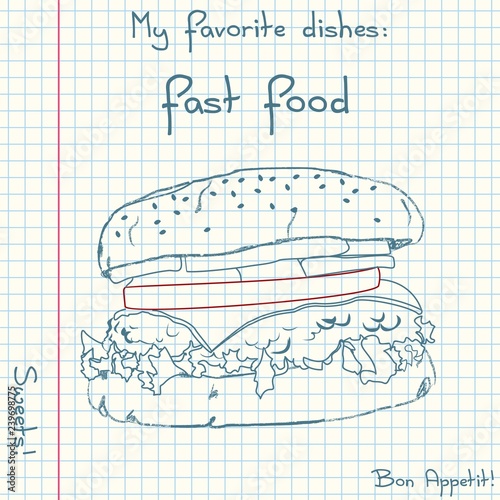 Vector of sketch fast food. Doodle food icons. Hand drawn illustrations on a sheet of exercise book. Blue pen drawing with red details
