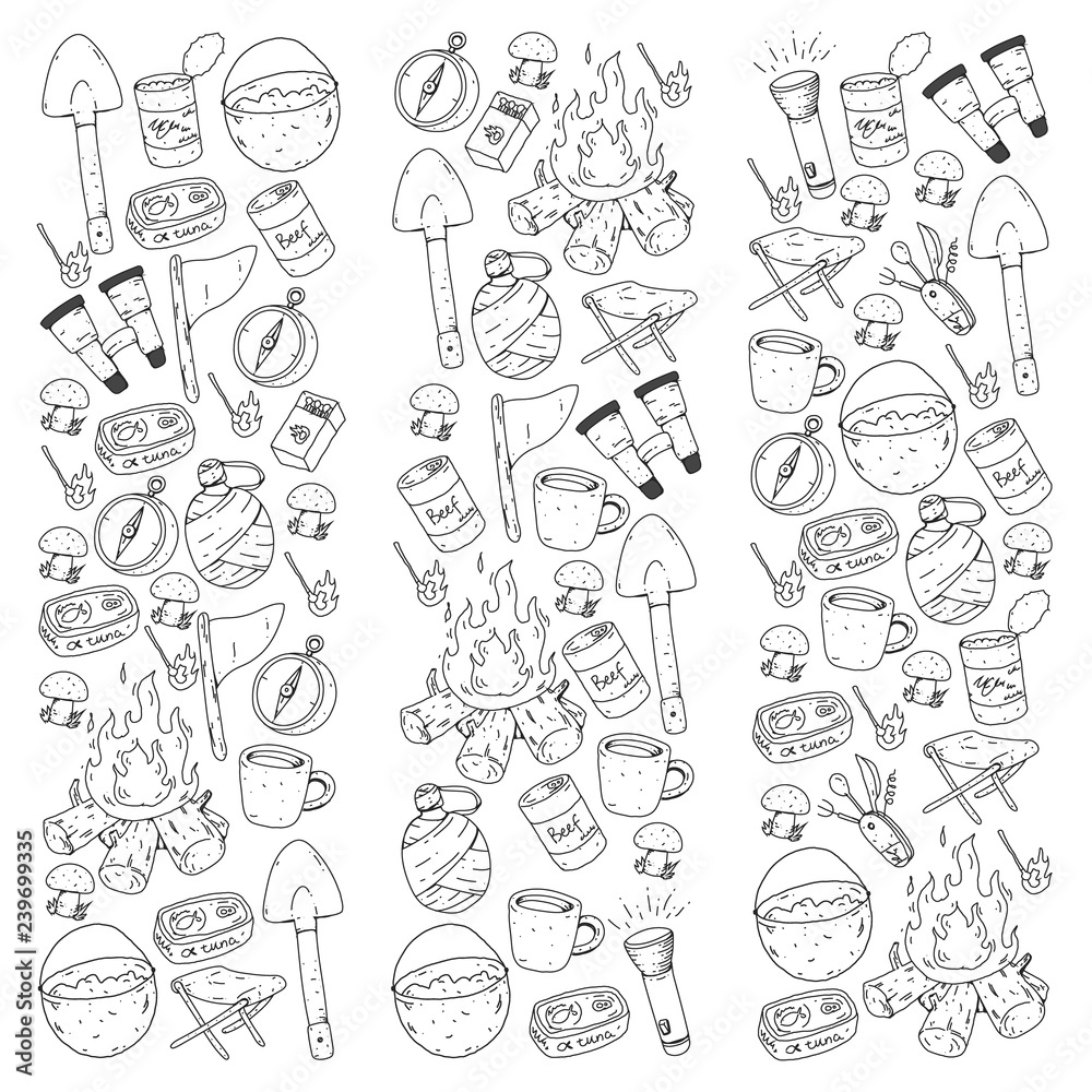 Camping, hiking, scouts. Vector set of doodle icons. Adventure at forest and nature with compass, tent, tincans. Pattern with colorful elements. Camping, hiking, scouts. Vector set of doodle icons. Adventure at forest and nature with compass, tent, tincans. Pattern with colorful elements.