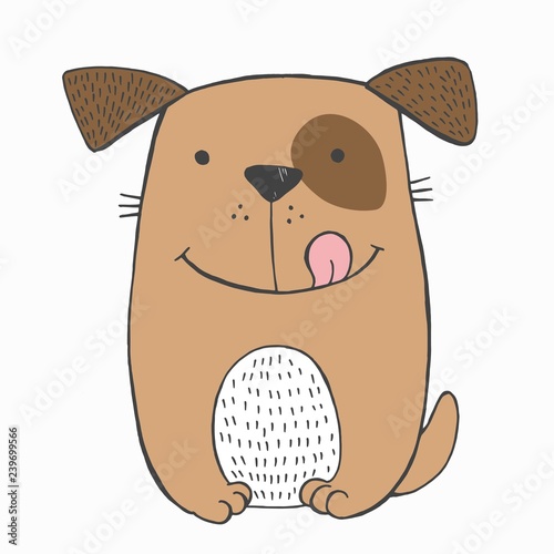 Vector illustration of crazy smiling sitting dog wth brown spot on the left eye and tongue out. Sketch hand drawn picture. Funny toy puppy. Can be used as card, poster, print for fashion t-shirt