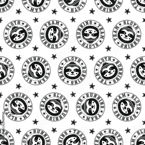 Cool vector sloth running team seamless pattern. Sport style repeating background with funny sloth's faces, adorable cartoon animal. Black and white print