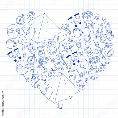 Camping, hiking, scouts. Vector set of doodle icons. Adventure at forest and nature with compass, tent, tincans. Pattern with ink pen elements.