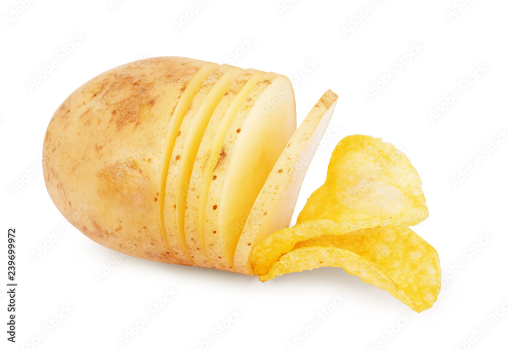 Potato slice into potato chips isolated on white background Potato slice into potato chips isolated on white background