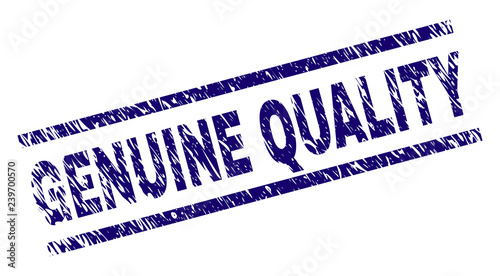 GENUINE QUALITY seal print with distress style. Blue vector rubber print of GENUINE QUALITY tag with corroded texture. Text tag is placed between parallel lines.