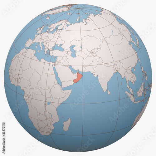 Oman on the globe. Earth hemisphere centered at the location of the Sultanate of Oman. Oman map.