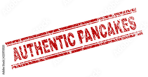 AUTHENTIC PANCAKES seal print with corroded texture. Red vector rubber print of AUTHENTIC PANCAKES text with scratched texture. Text title is placed between double parallel lines.