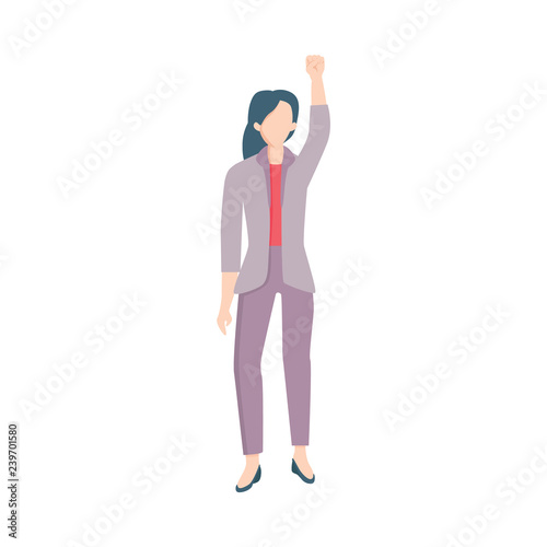 Vector young business woman manager in corporate suit standing raising fist up as sign of feminism, female rights and rebellion. Office girl against discrimination. Isolated illustration