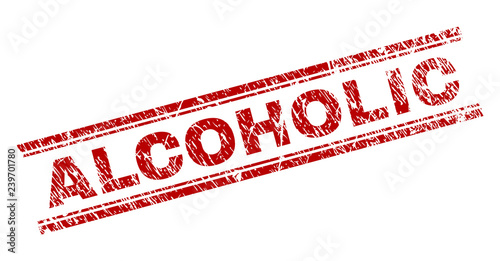 ALCOHOLIC seal stamp with grunge texture. Red vector rubber print of ALCOHOLIC text with unclean texture. Text tag is placed between double parallel lines.