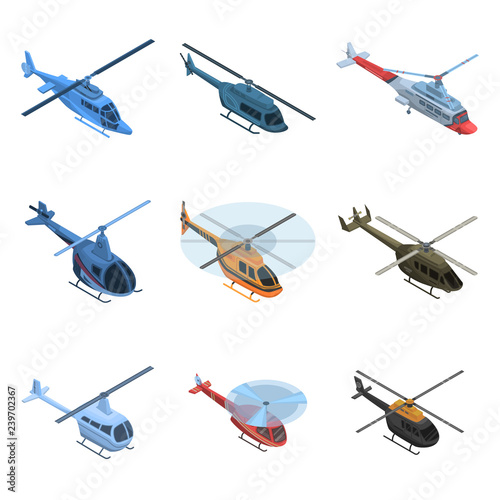 Helicopter icon set. Isometric set of helicopter vector icons for web design isolated on white background