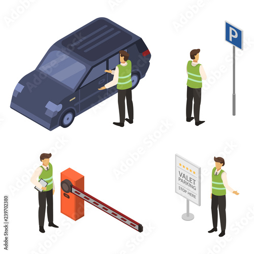 Valet icon set. Isometric set of valet vector icons for web design isolated on white background