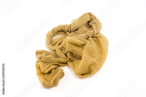 Closed up woman tan beige pantyhose stocking tight on isolated white background.