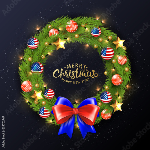 Merry Christmas 2019 poster. Christmas wreath with balls painted in the American flag. Bright and festive illustration.