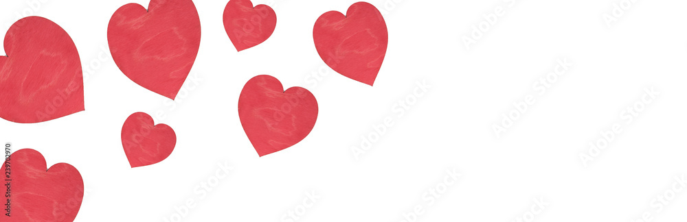 Valentine's background with hearts, white background and red wooden hearts