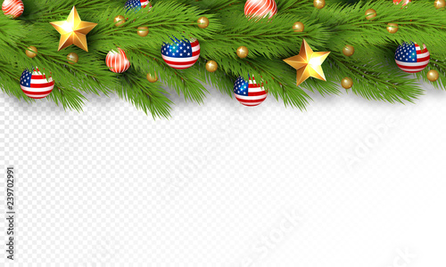 Christmas partiotic illustration. Vector border of Christmas tree branches with golden stars and balls with american flag. Merry christmas and happy new year
