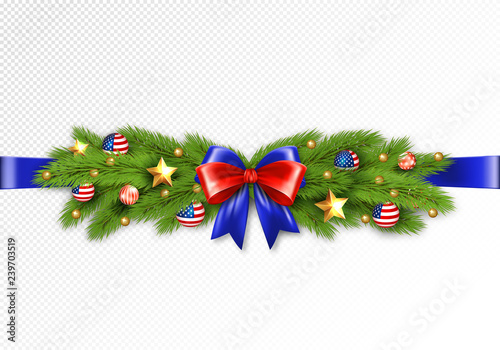 Christmas partiotic illustration. Vector border of Christmas tree branches with golden stars and balls with american flag. Merry christmas and happy new year