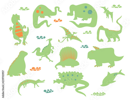 Fototapeta Naklejka Na Ścianę i Meble -  Dino characters. Cute funny dinosaurs illustration vector set isolated on background. Illustration for kids, boys, girls, t-shirt, clothes, games, cards.