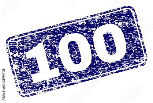 100 stamp seal print with distress texture. Seal shape is a rounded rectangle with frame. Blue vector rubber print of 100 caption with dirty style.