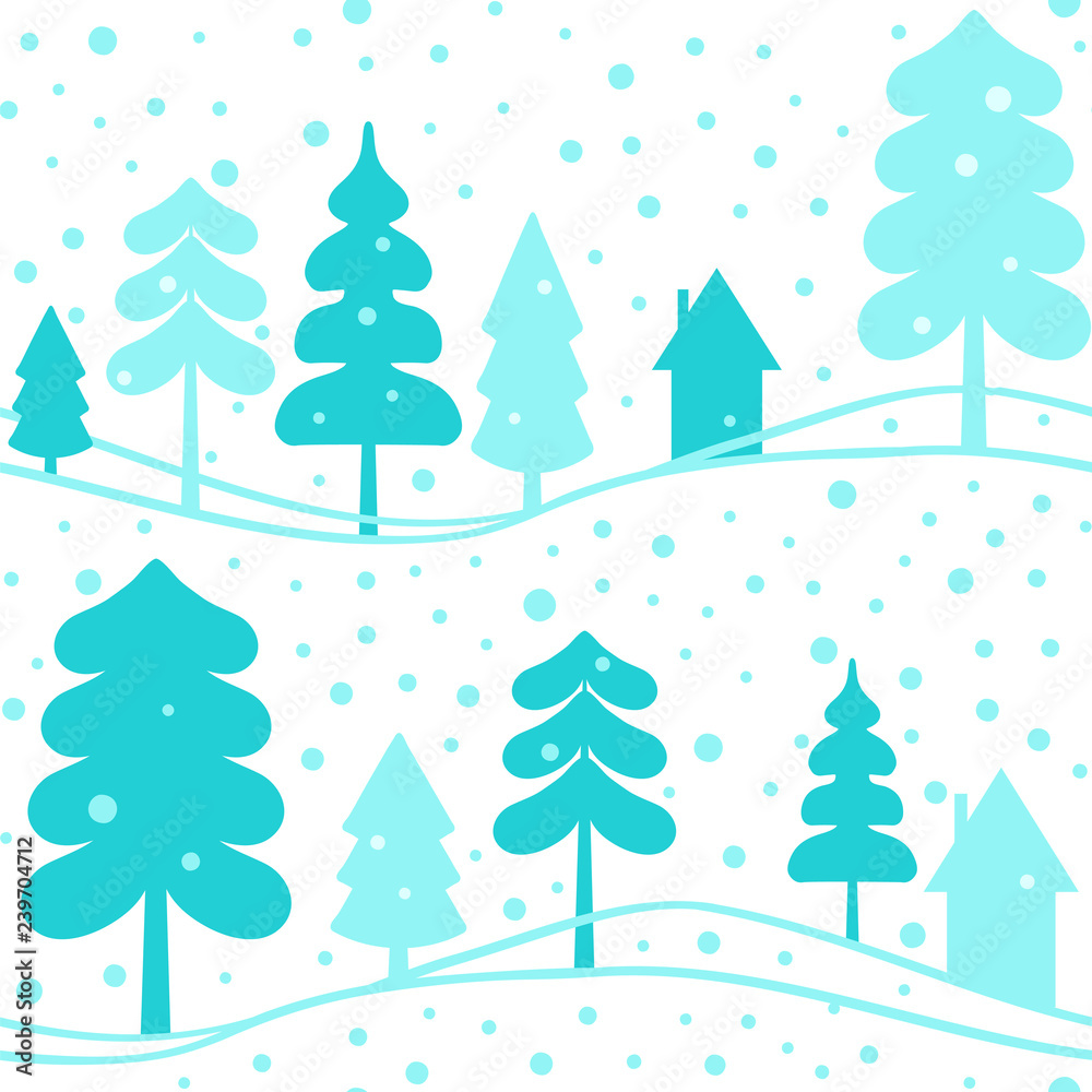 Seamless vector pattern with snow, trees and house. 