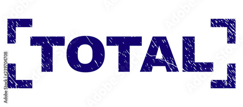 TOTAL text seal print with corroded texture. Text tag is placed inside corners. Blue vector rubber print of TOTAL with unclean texture.